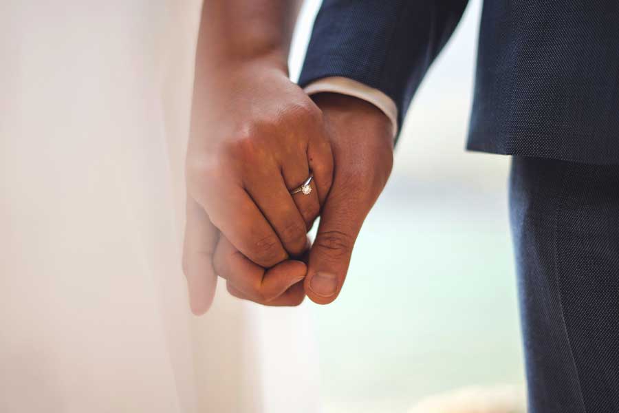 Close up of newlyweds holding hands