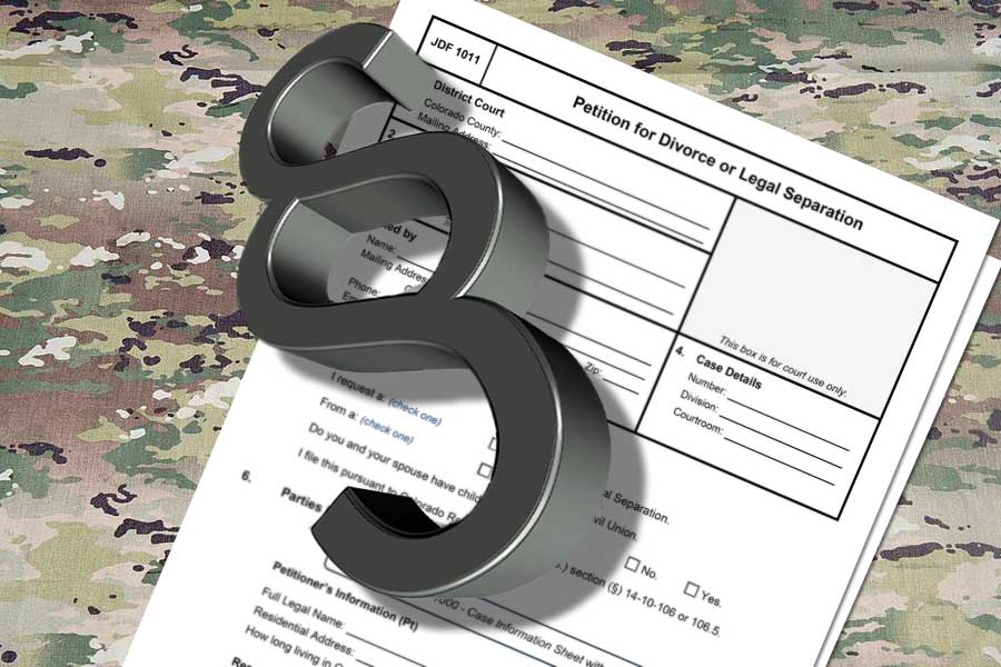 Divorce papers and 3D subsection symbol on US military camouflage representing military divorce