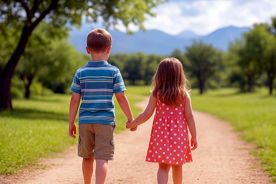 Young siblings holding hands as they walk down a path in summer