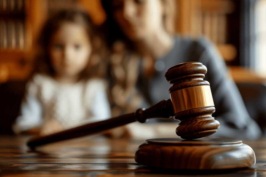 Judge's Gavel and Blurred Mother and Child in Courtroom