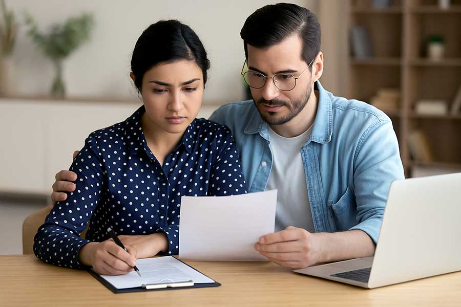 An unmarried couple reviews a cohabitation agreement at home