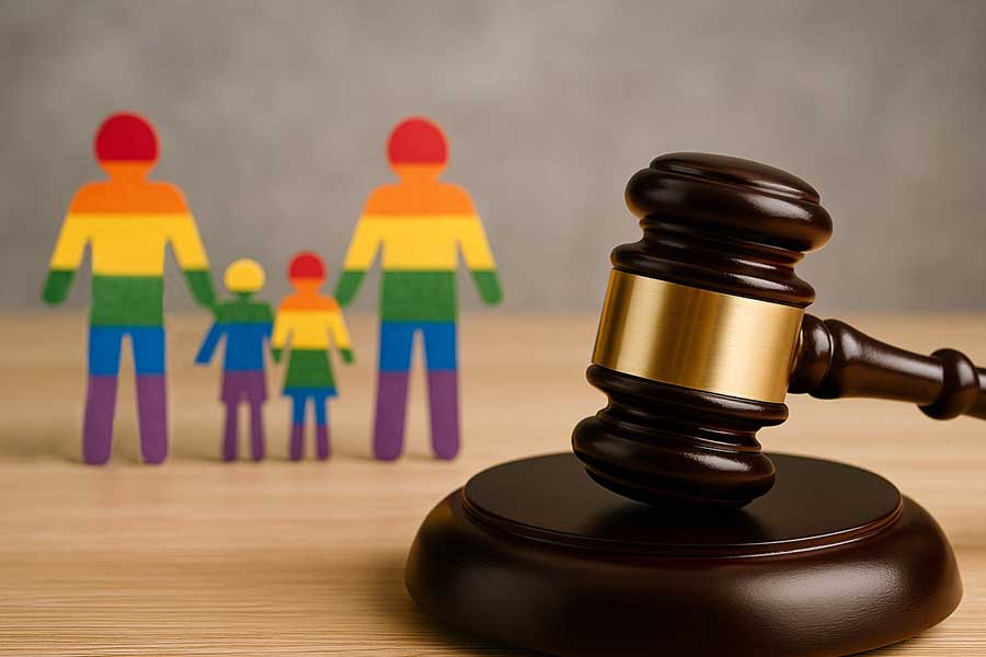 Judge's gavel with rainbow colored cutout of LGBTQ+ family in the background