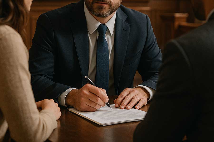 Lawyer discusses case with clients and takes notes