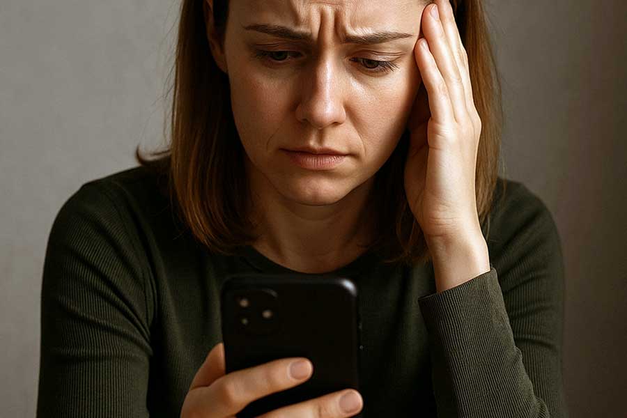 Woman looking distressed at his phone