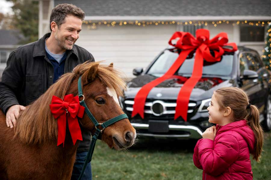 A divorced father gives a pony to his daughter as a gift