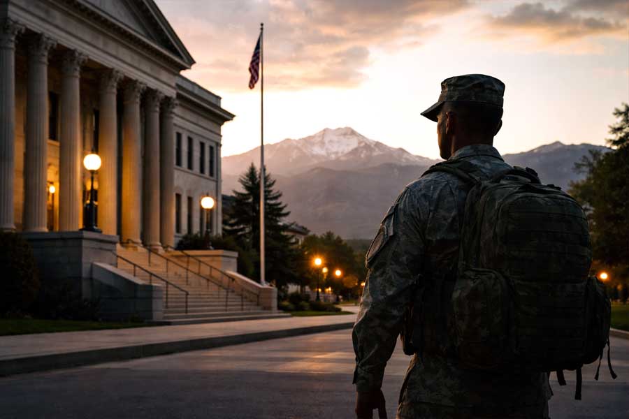 Service member outside Colorado courthouse during military divorce proceedings in Colorado Springs